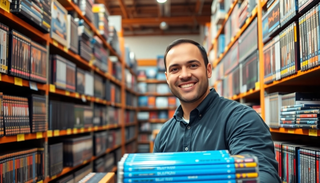 Smiling employee at a dvd distributor warehouse organizing DVDs and Blu-rays.
