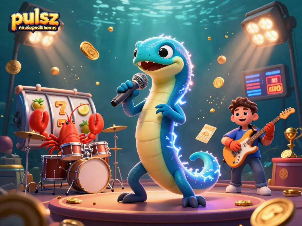 Pulsz casino no deposit bonus featuring a vibrant underwater DJ performance with dynamic casino elements.