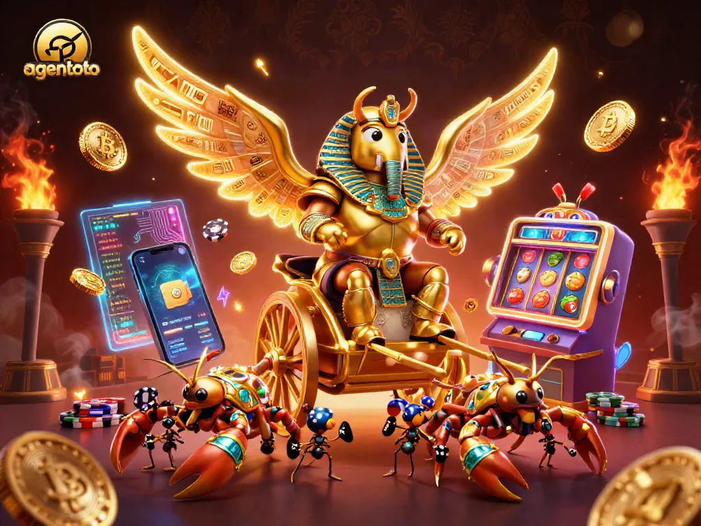 Engage with agentoto's vibrant gaming experience featuring golden scarabs, slot machines, and cryptocurrencies.