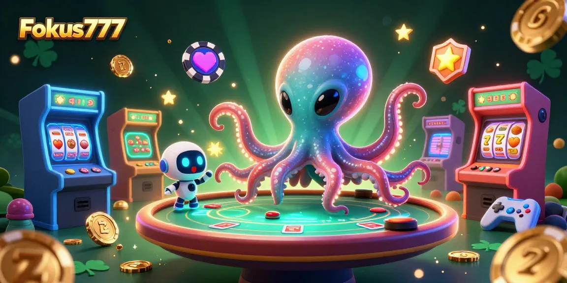 Experience thrilling gameplay with Fokus777, featuring an alien octopus at a glam poker table amidst 3D casino elements.