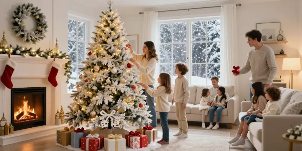 A family decorating a white tree xmas in a cozy living room filled with holiday cheer.