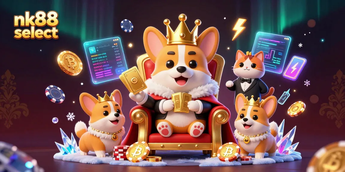Experience the thrill with nk88 select in a lavish 3D casino scene featuring royal corgis and crypto elements.