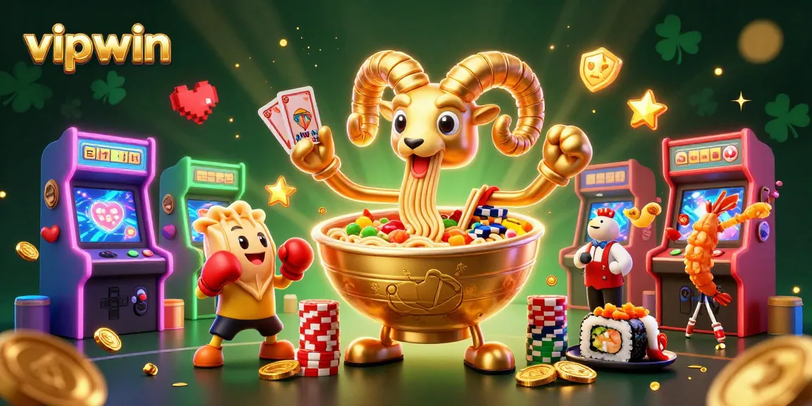 Join the fun at vipwin as a golden ramen bowl deals cards surrounded by vibrant casino elements.