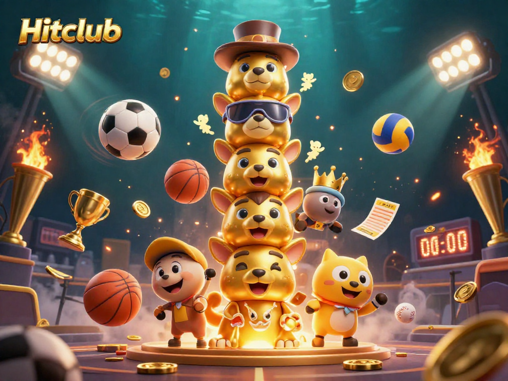Hitclub showcases dynamic sports betting action with vibrant 3D illustration packed with characters and festive elements.