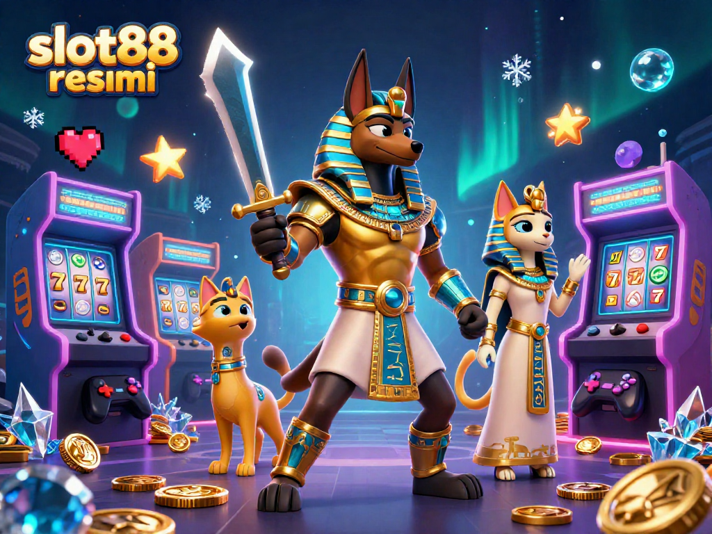 Spin the reels at slot88 resmi with Anubis and Bastet in this vivid gaming scene packed with gold.