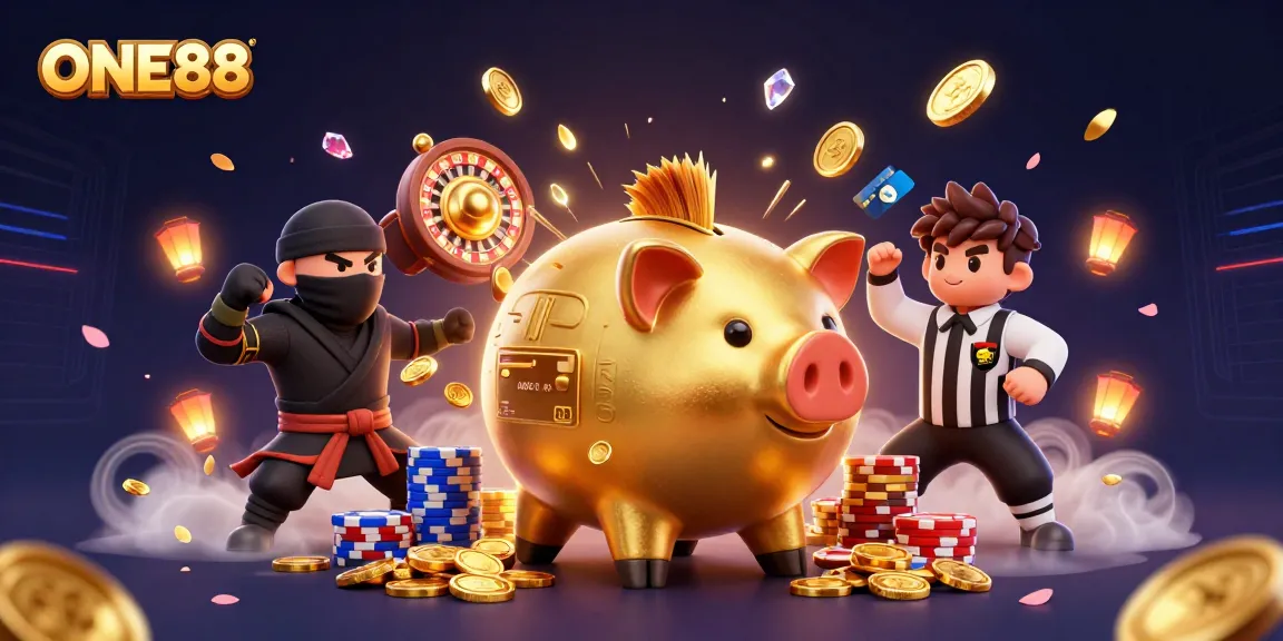 ONE88 offers thrilling gaming action as a golden piggy bank sumo wrestler stomps coins, captivating players.