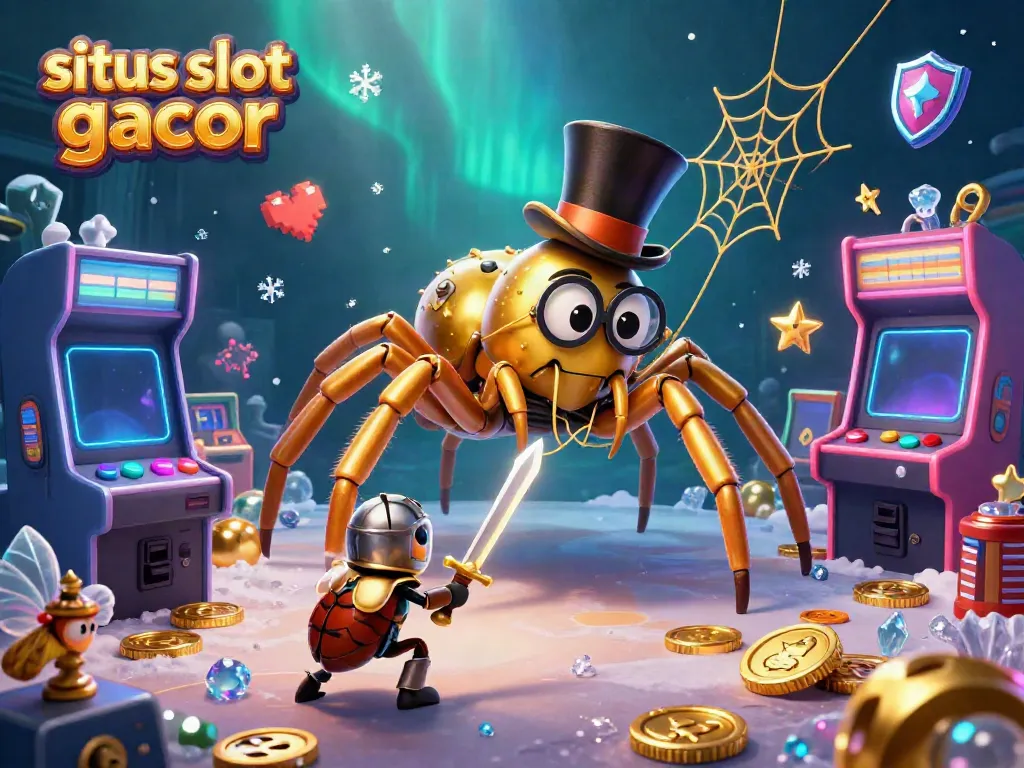 Engage with situs slot gacor's vibrant world, featuring a golden tarantula and knight in a dynamic casino scene.