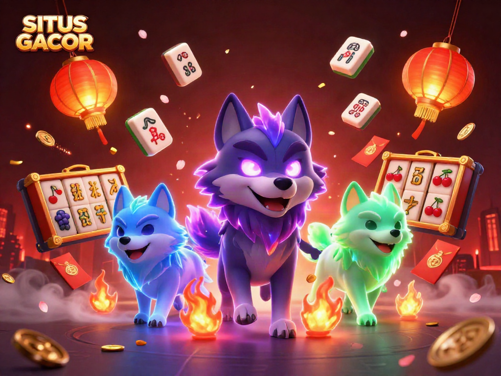 SITUS GACOR showcases a thrilling 3D illustration with energetic wolf characters amidst slot reels and festive elements.