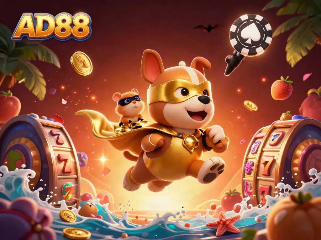 Engage with AD88 slots amidst a dynamic scene featuring a superhero dog and treasures.