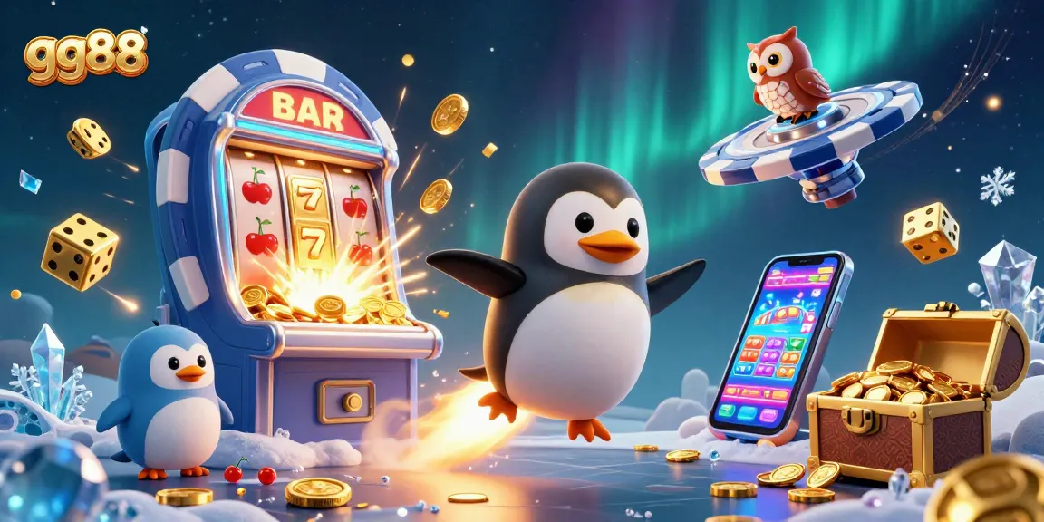 gg88 penguin soaring through a casino-themed universe, surrounded by jackpots and vibrant casino elements.
