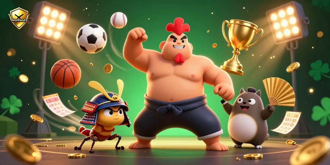 Engage in dynamic sports betting with keonhacai1 featuring a sumo wrestler, cricket, and tanuki announcer.