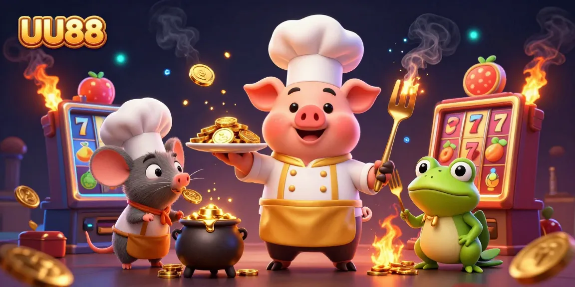 Experience the exciting UU88 gaming world with a chef pig, mouse, and frog enjoying golden treasures!