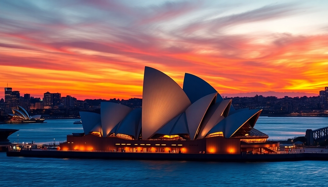 Experience the vibrant sunset over Australia with the Sydney Opera House glowing against the city skyline.