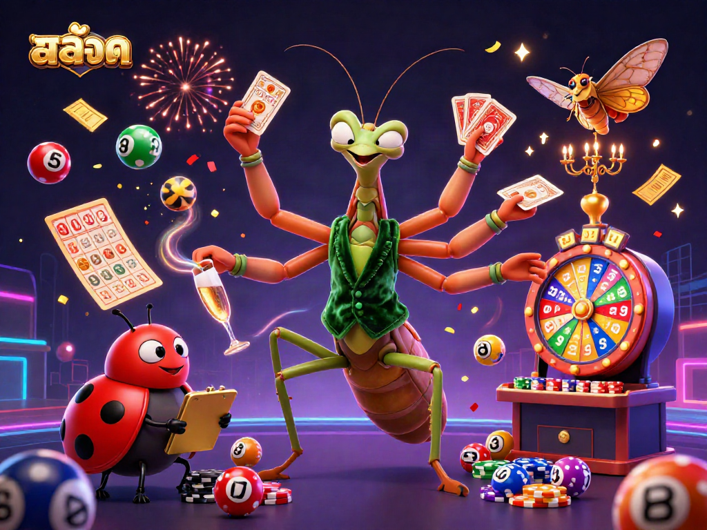 Experience the vibrant world of สล็อต with a 3D mantis dealer, colorful lottery balls, and festive energy.