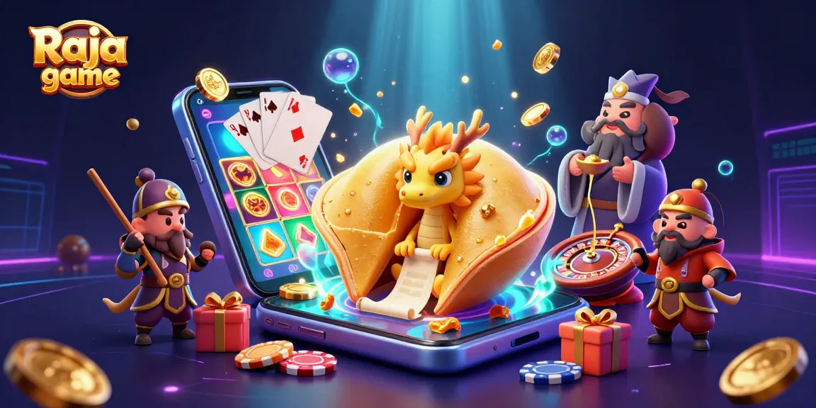 Experience thrilling wins with Raja game’s dynamic illustration showcasing fortune cookies, dragons, and vibrant casino elements.