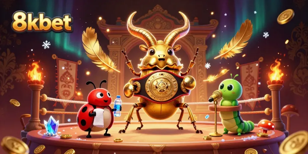 Visualize 8kbet's thrilling casino atmosphere with a golden stag beetle champion surrounded by game elements.
