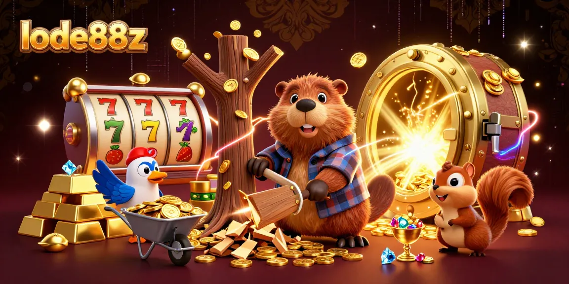 lode88z showcases a fun 3D beaver amidst golden coins and slots, perfect for gamblers enjoying online riches