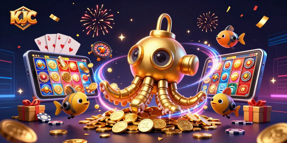 KJC showcases a vibrant scene with a kraken submarine amidst golden coins, lively casino elements, and festive fireworks.