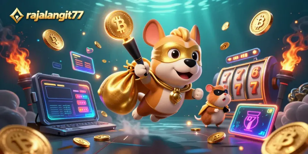 Menangkan koin emas di rajalangit77 sambil bermain game kasino dengan karakter kartun.