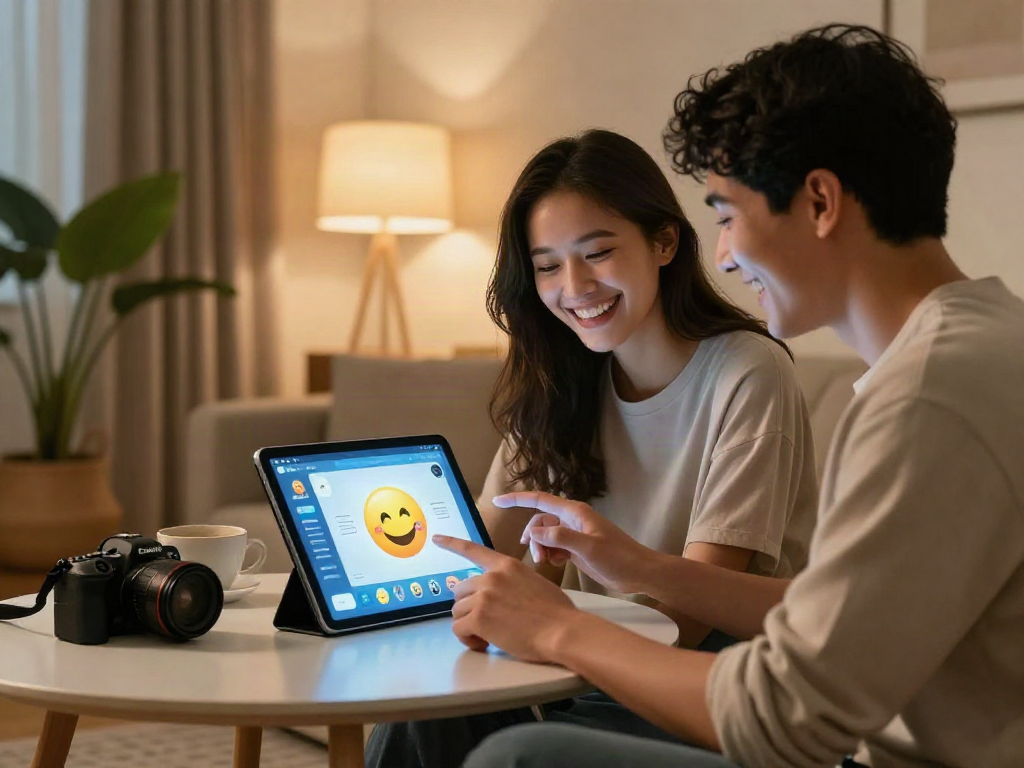 Couple interacting with a girlfriend AI on a tablet, showcasing modern technology in a cozy home.