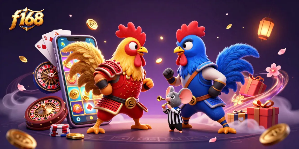 f168 showcases an epic showdown between samurai and ninja roosters amidst casino games and golden coins.