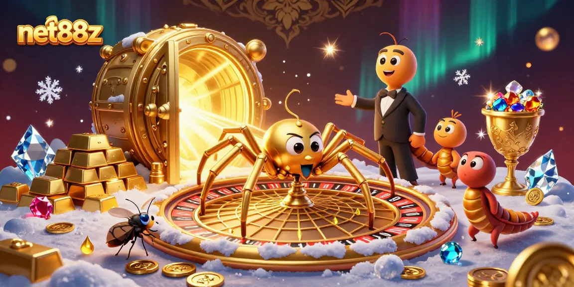 net88z spins excitement as a spider croupier and nervous fly engage in thrilling roulette action.