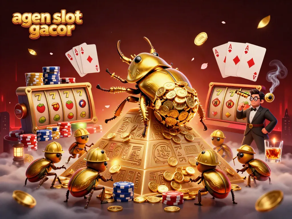Engage with agen slot gacor as golden beetles roll coin riches in a vibrant casino scene.