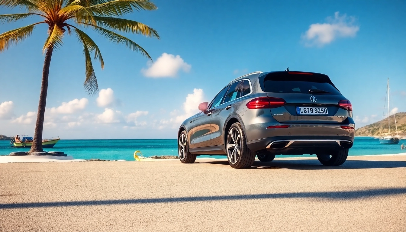Experience car hire st barth with a stunning beach scene, highlighting a sleek vehicle against the tropical landscape.
