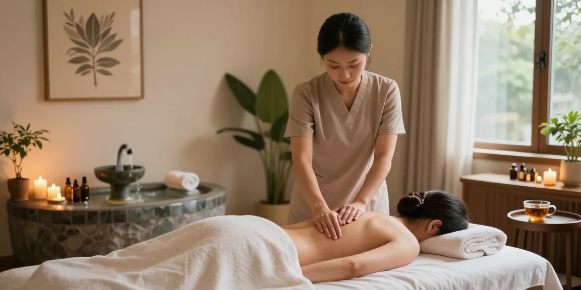 스웨디시 마사지 치료를 받는 모습과 아늑한 스파 인테리어