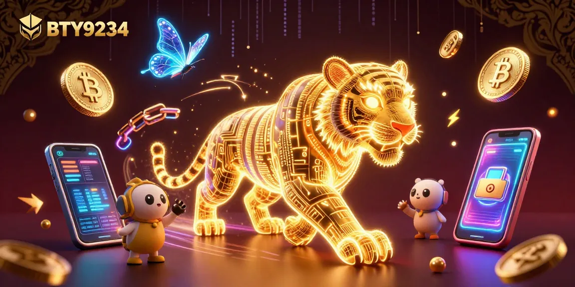Experience the vibrant digital casino world with BTY9234, featuring neon elements and crypto details.