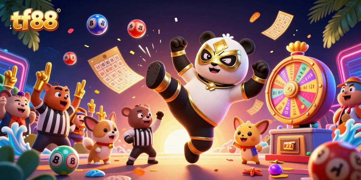Experience thrilling action with tf88 as a panda wrestler leaps, surrounded by vibrant lottery elements.