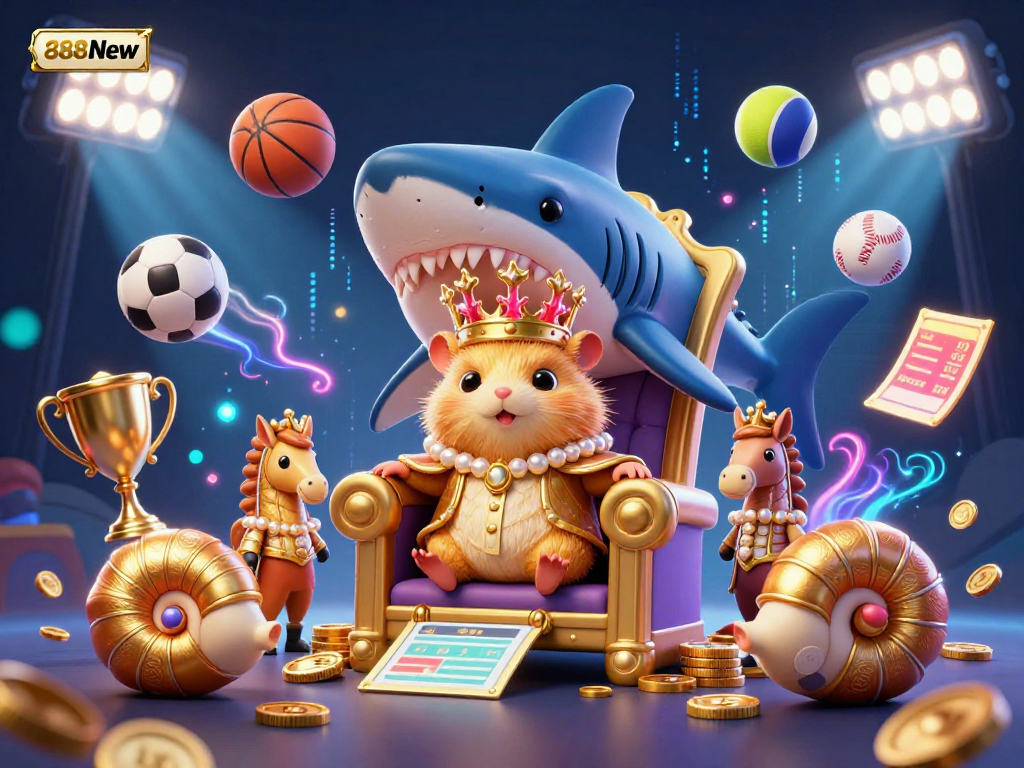 Deliver thrilling moments at 888New with the golden hamster king and sports action in a vibrant casino scene.