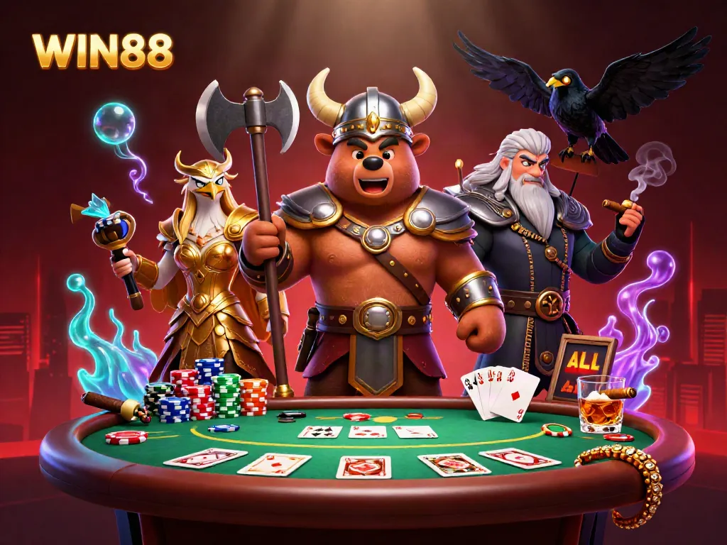 Explore the action at WIN88 with characters positioned around a vibrant poker table!