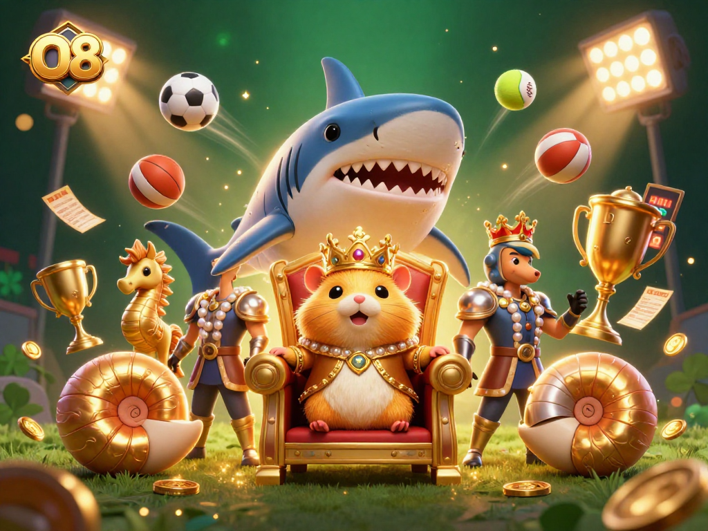 Spin the reels at O8 with the golden hamster king, surrounded by vibrant casino elements and dynamic game action.