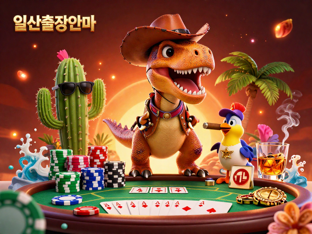 Experience the thrill of 일산출장안마 with vibrant characters at a packed poker table.