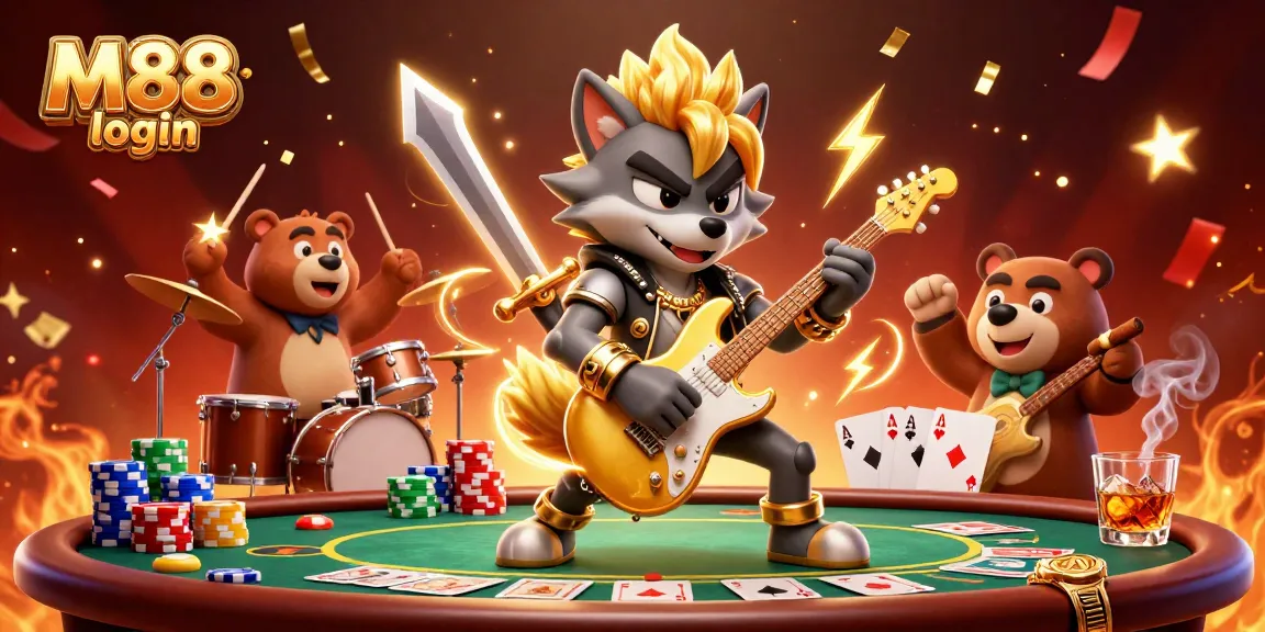M88 login showcases a dynamic cartoon scene with a rock star wolf and poker elements in a fun casino atmosphere.