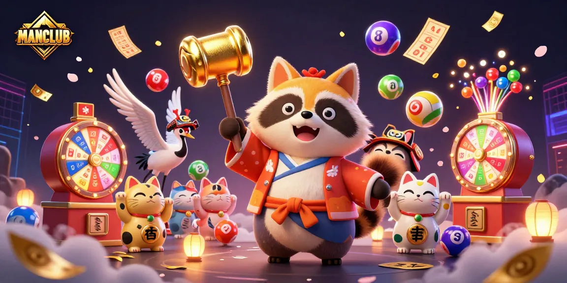 MANCLUB showcases a cheerful tanuki and samurai crane in a dynamic casino-themed celebration.