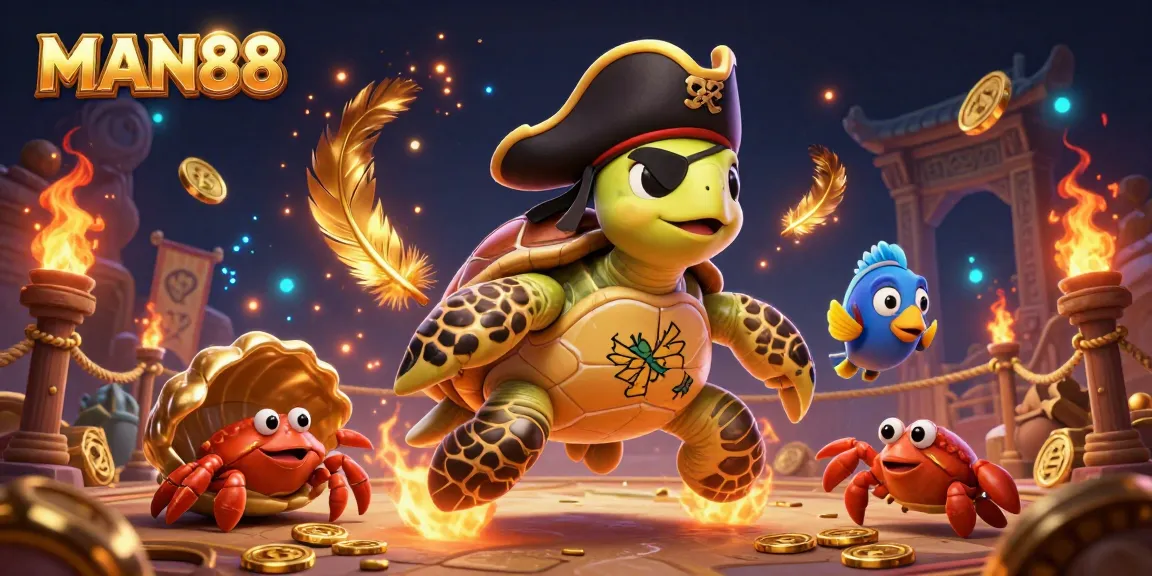 Experience exciting gambling with MAN88 as a pirate turtle, hermit crab, and parrotfish explore treasures.