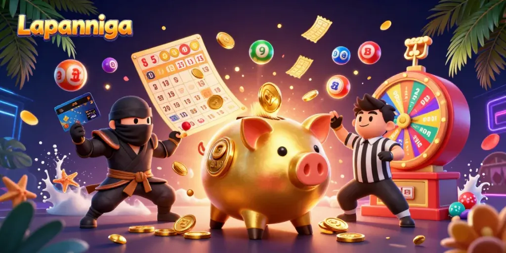Engage with Lapannaga's vibrant gaming scene featuring a golden piggy bank, a ninja, and dynamic lottery elements.