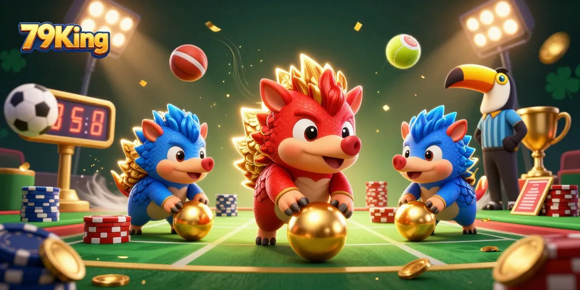 Experience thrilling games at 79King: pangolins bowling through poker chips amidst vibrant casino elements.