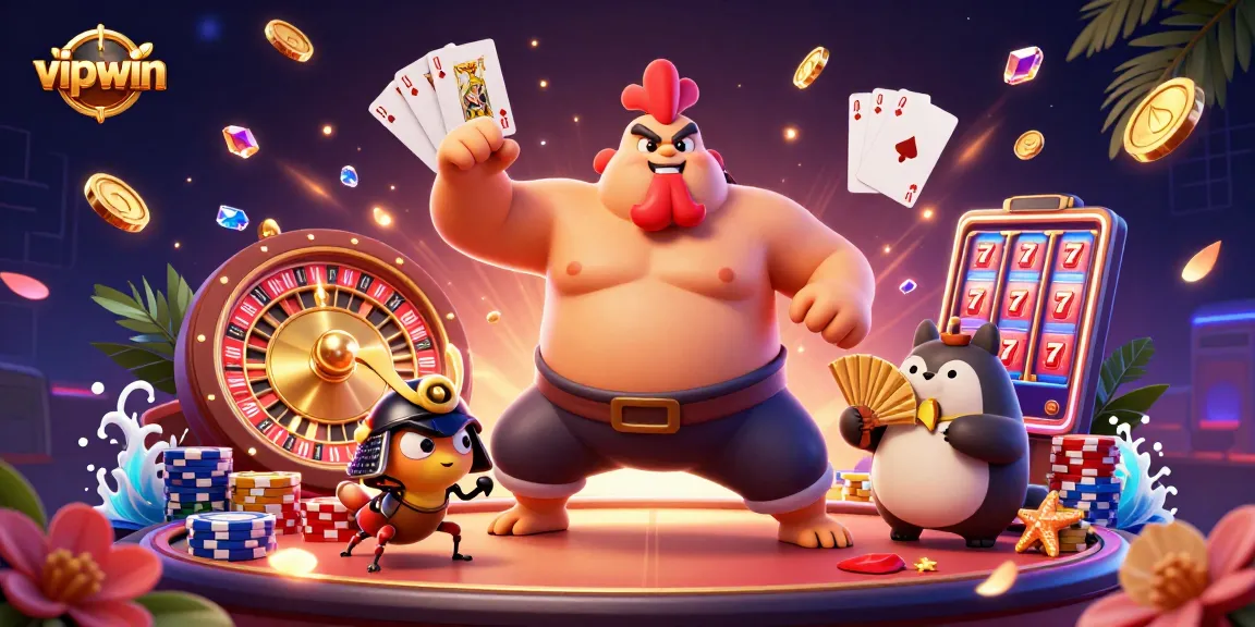 Experience thrilling action with vipwin's 3D cartoon characters in a vibrant casino scene.