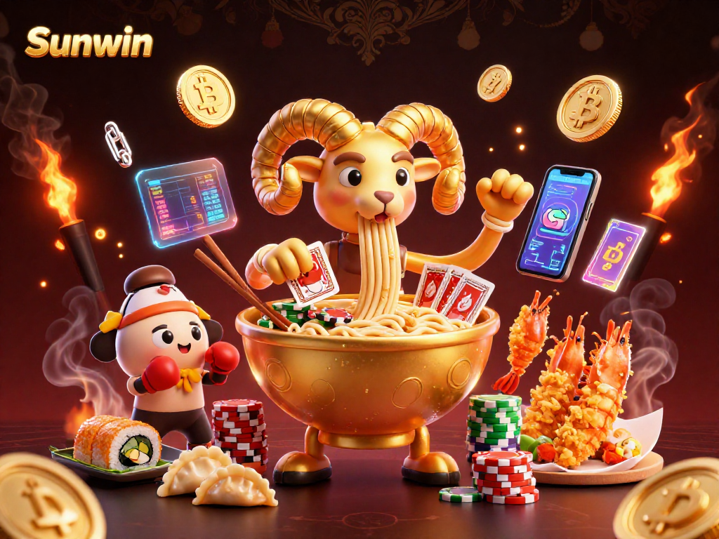 Sunwin showcases thrilling casino magic with a golden ramen bowl dealer and cryptocurrency elements.