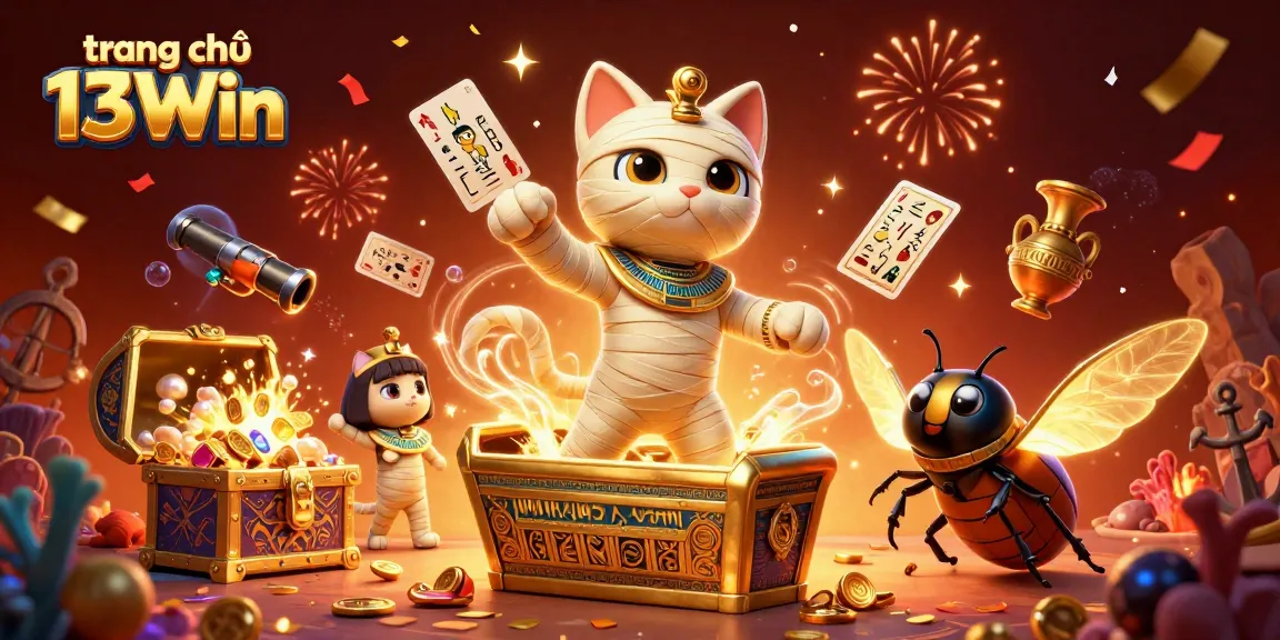 Experience the excitement of trang chủ 13Win with a vibrant casino scene featuring a mummy cat and glowing scarab.