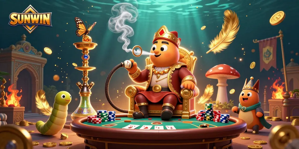 SUNWIN enhances the thrill of poker with a whimsical 3D caterpillar master in a vibrant casino setting